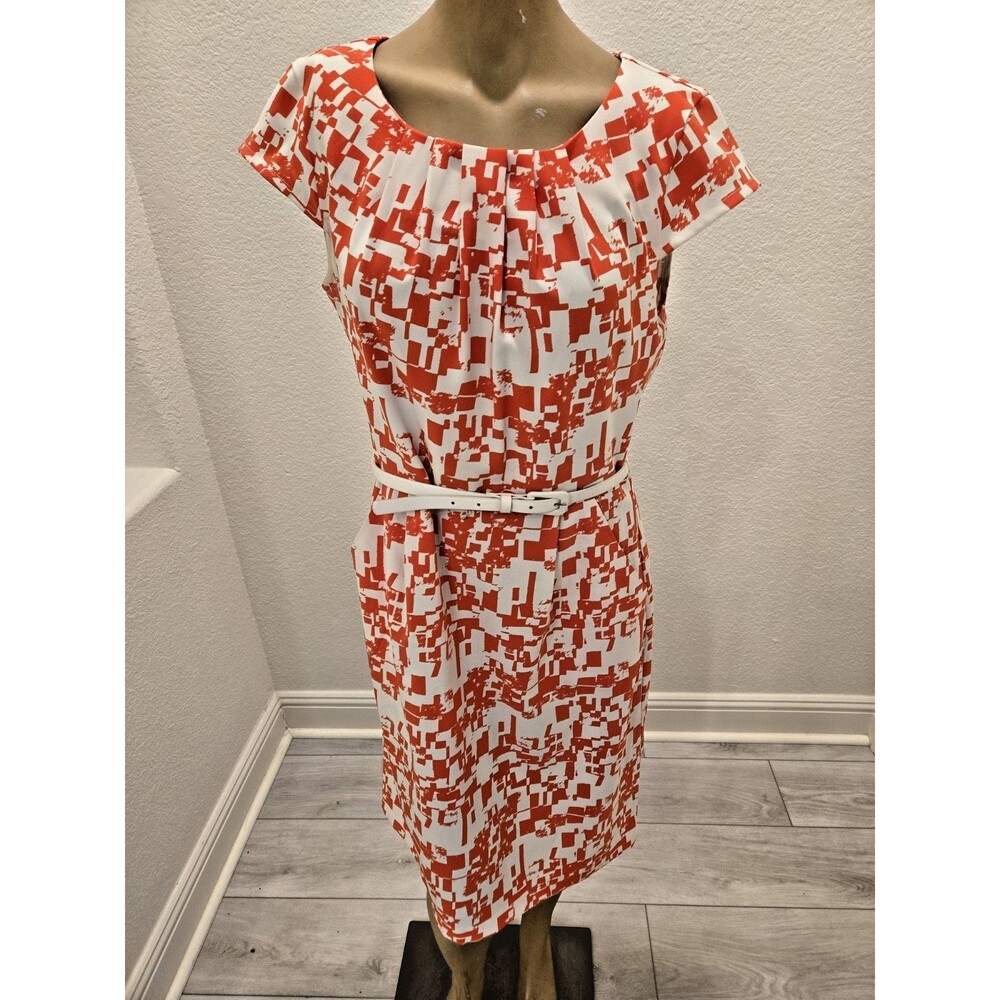 Emma & Michele 10 Orange White Abstract Geometric Sheath Midi Dress Belted